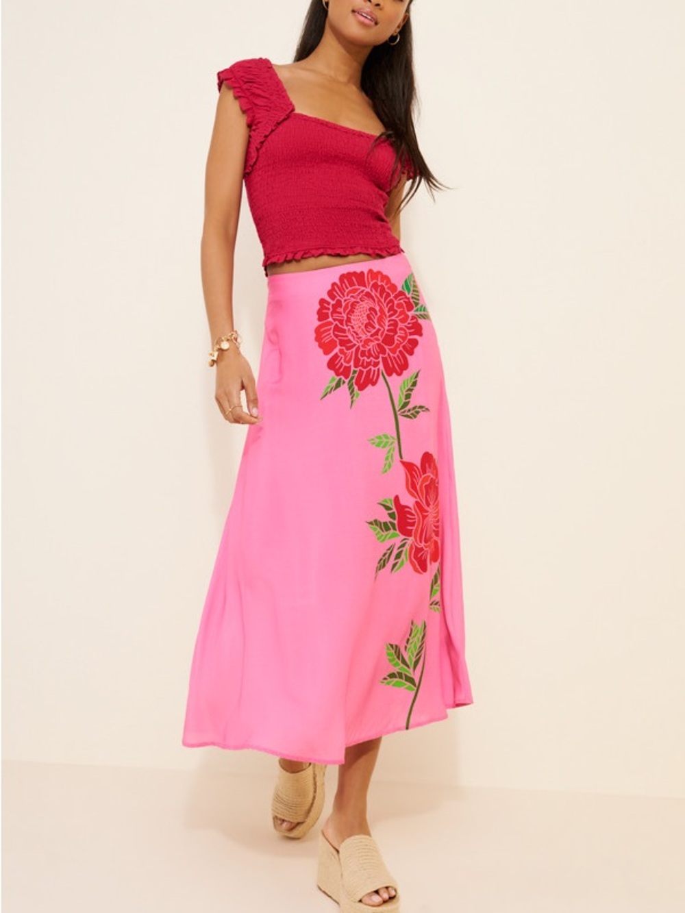 Farm Rio x Anthropologie Rose Motif Pink Maxi Skirt Floral Size M - Picture 1 of 12
